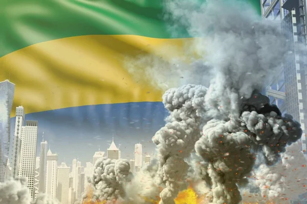 現代都市で火災と巨大な煙柱 ガボンの旗の背景に産業事故やテロ行為の概念 工業用3Dイラスト — ストック写真