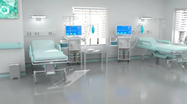 Yüksek teknoloji hastane odası, tıbbi tedavi. kurgusal cg soyut 3B oluşturma