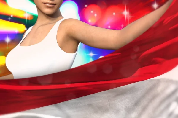 Piękna Dziewczyna Jest Trzymając Flagę Indonezji Przed Nią Świetle Strony — Zdjęcie stockowe