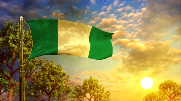 休日のために日没時にナイジェリアの旗を振って 抽象的な3Dレンダリング — ストック写真