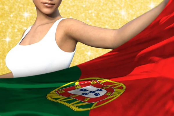 Χαριτωμένο Κυρία Κρατά Πορτογαλία Σημαία Μπροστά Της Στο Πορτοκαλί Λαμπερό — Φωτογραφία Αρχείου