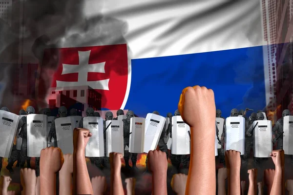 Концепция Демонстрационной Остановки Протест Словакии Фоне Флага Полицейские Стоят Против — стоковое фото