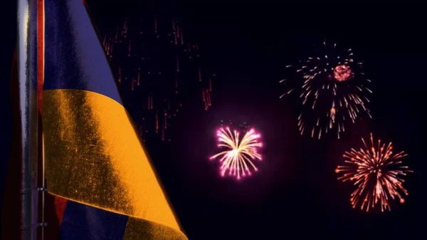 Armenia flag is hanging on firework sky for anthem day - bokeh - abstract 3D illustration