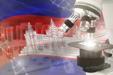 Kamboçya bayrağında mikroskop - Bilimsel gelişim dijital arka planı. Hücre yaşam tasarımı konsepti araştırması, nesnenin 3 boyutlu çizimi