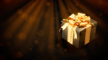 Goldish - siyah dekore edilmiş sürpriz hediye kutusu renkli koyu arkaplan - soyut 3D illüstrasyon