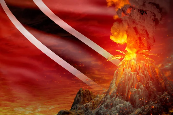 大火山爆发在夜间与大爆炸的特立尼达和多巴哥国旗背景 麻烦的原因是灾害和火山地震的概念三维说明自然 — 图库照片