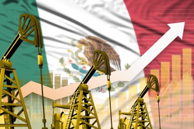 Meksika petrol endüstrisi konsepti, endüstriyel illüstrasyon, Meksika bayrağı arka planında yükselen grafikler. 3B Görüntü