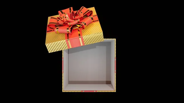 Geöffnete Verzierte Goldene Und Rote Geschenkschachtel Auf Schwarzem Isoliertem Objekt — Stockfoto
