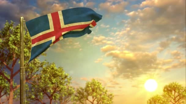 Zwaaiende Vlag Van Ijsland Bij Zonsondergang Voor Herdenkingsdag — Stockvideo