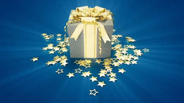 Mooi Cadeau Met Goudkleurige Sterren Blauw Kerstconcept Abstract Rendering — Stockfoto