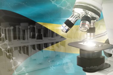 Bahamalar bilim gelişimi dijital arka plan - bayraktaki mikroskop. Klinik tıp tasarımı konsepti araştırması, nesnenin 3 boyutlu illüstrasyonu