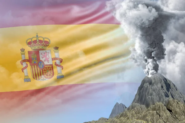 スペインの国旗を背景に白煙で一日あたりの火山爆発噴火 災害や火山地震のためのトラブル概念的な3Dイラスト自然 — ストック写真