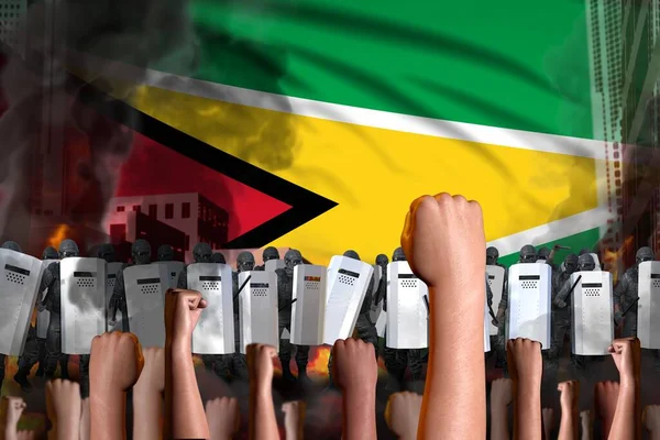 Protest Guyana Polisvakter Står Mot Protesterande Folkmassa Flagga Bakgrund Myteri — Stockfoto