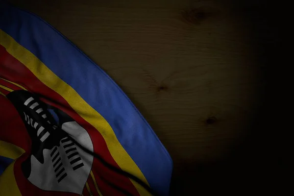 Söt Mörk Bild Swaziland Flagga Med Stora Veck Mörkt Trä — Stockfoto