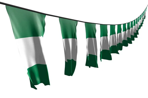 かなり多くのナイジェリアの国旗や旗が白で隔絶されたロープで遠近法で対角にぶら下がっています 休日の旗3Dイラスト — ストック写真