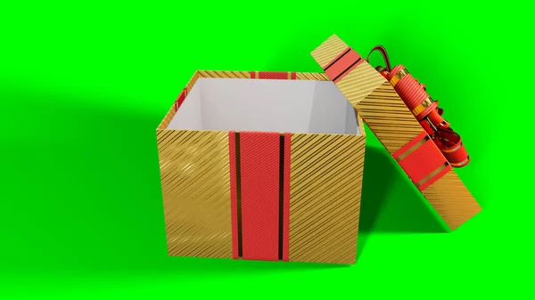 クロマキー画面上の装飾された黄金と赤のギフトボックスを開き オブジェクト3Dイラスト — ストック写真