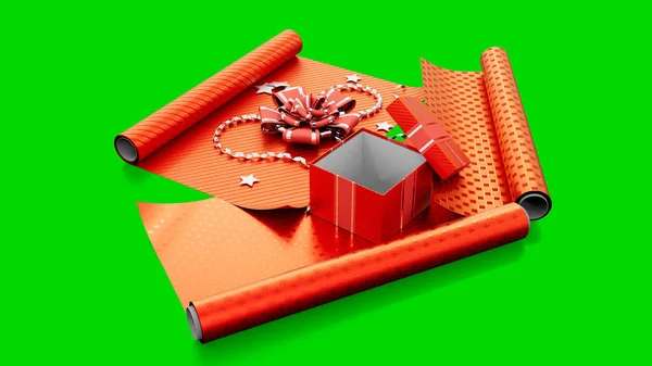 绿色屏幕上的红色包装纸和礼物盒 隔离对象3D插图 — 图库照片