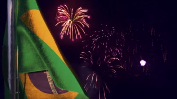 Bayrak Ulusal Bayram Için Havai Fişek Gökyüzünde Asılı — Stok video