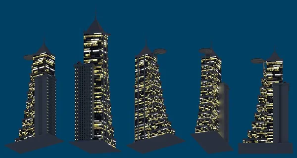 Moderne Fictieve Wolkenkrabbers Nachts Met Lichten Geïsoleerde Bottom View Metropool — Stockfoto