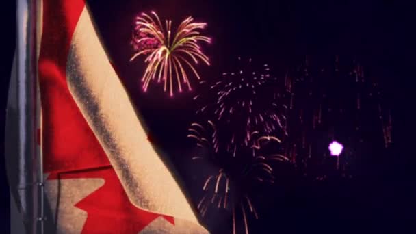 Σημαία Κρέμεται Στον Ουρανό Πυροτεχνήματα Για Κάθε Διακοπές Bokeh — Αρχείο Βίντεο