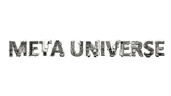 Meta Universe Text Technogener Metallschrott Cyber Details Isoliert Objekt Rendering lizenzfreie Stockbilder
