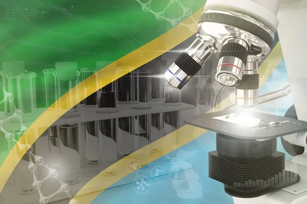 Tanzanya bayrağında mikroskop - Bilimsel gelişim dijital arka planı. Aşı tasarımı konsepti araştırması, nesnenin 3 boyutlu illüstrasyonu