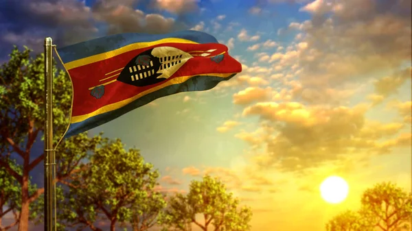 Waving Flag Swaziland Sunset National Holiday Abstract Rendering — Stock Photo, Image