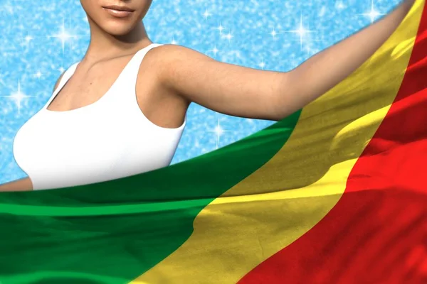 Hübsches Mädchen Hält Kongo Flagge Vor Sich Auf Dem Hellblau — Stockfoto
