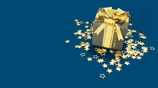 Golden Scatola Regalo Grigia Con Stelle Blu Concetto Natale Rendering — Foto Stock