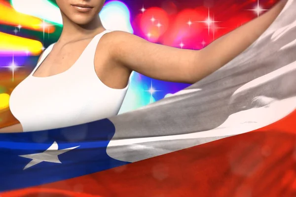 Piękna Kobieta Trzyma Flagę Chile Przed Nią Świetle Strony Flaga — Zdjęcie stockowe