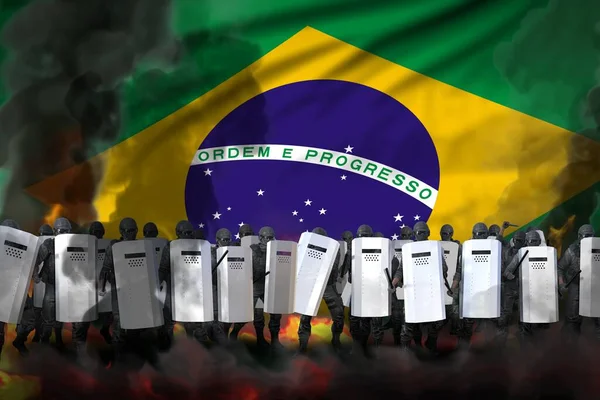 Brasil Protesta Concepto Lucha Guardias Policía Humo Pesado Fuego Protegiendo —  Fotos de Stock