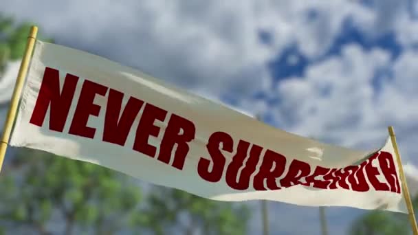 Never Surrender Transparent Sign Bokeh Forest — Stock Video