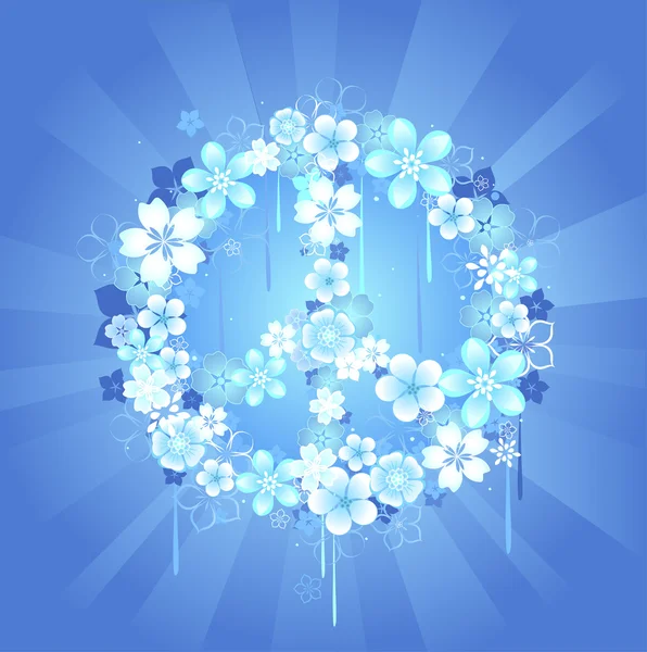 Peace symbol with flowers on a blue background — Stock Vector