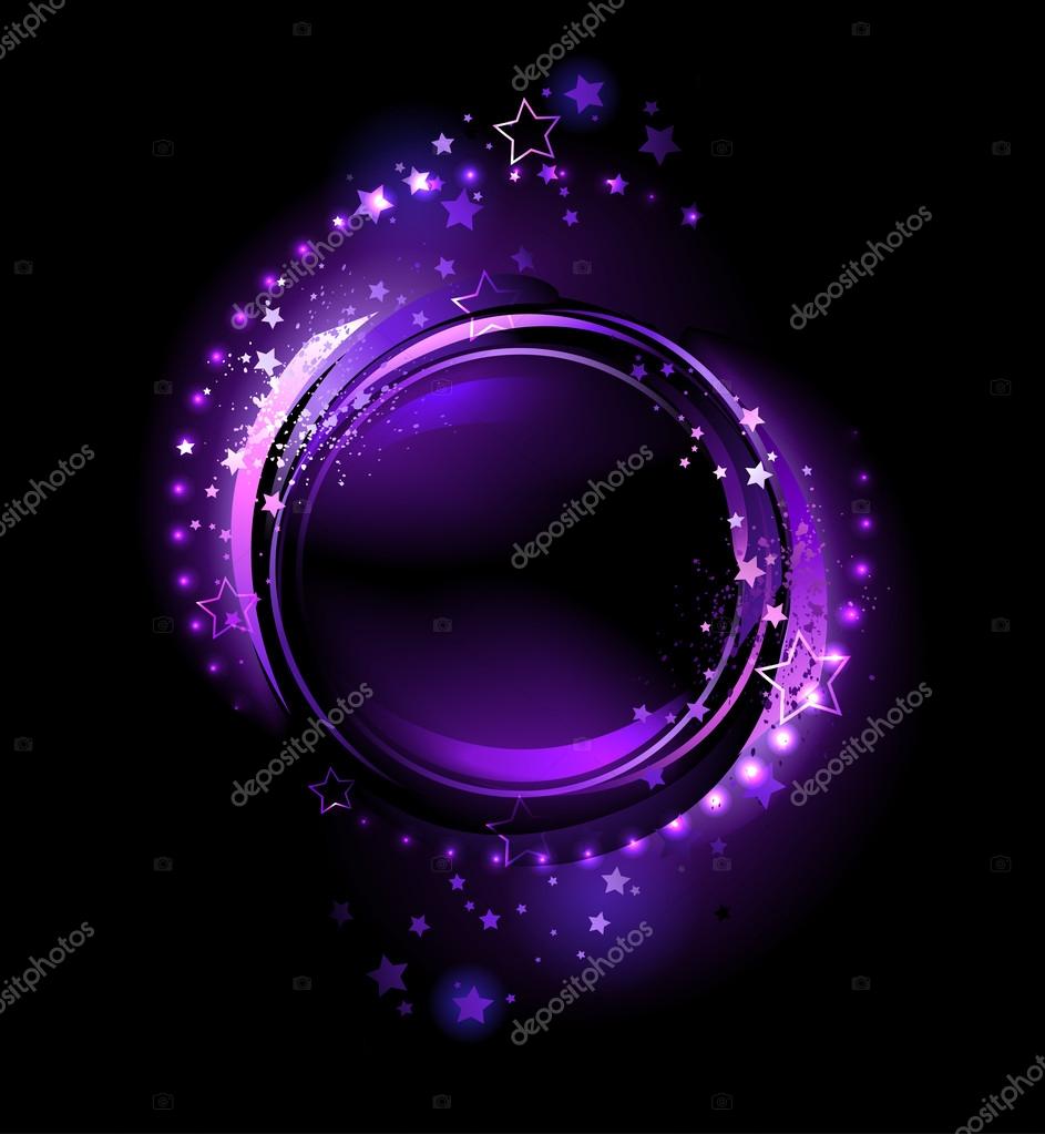  purple, glowing , round banner , decorated with stars on a black background.