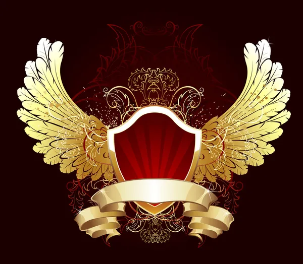 Escudo rojo con las alas de oro — Vector de stock
