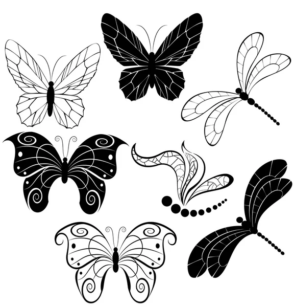 Silhouettes of butterflies and dragonflies — Stock Vector