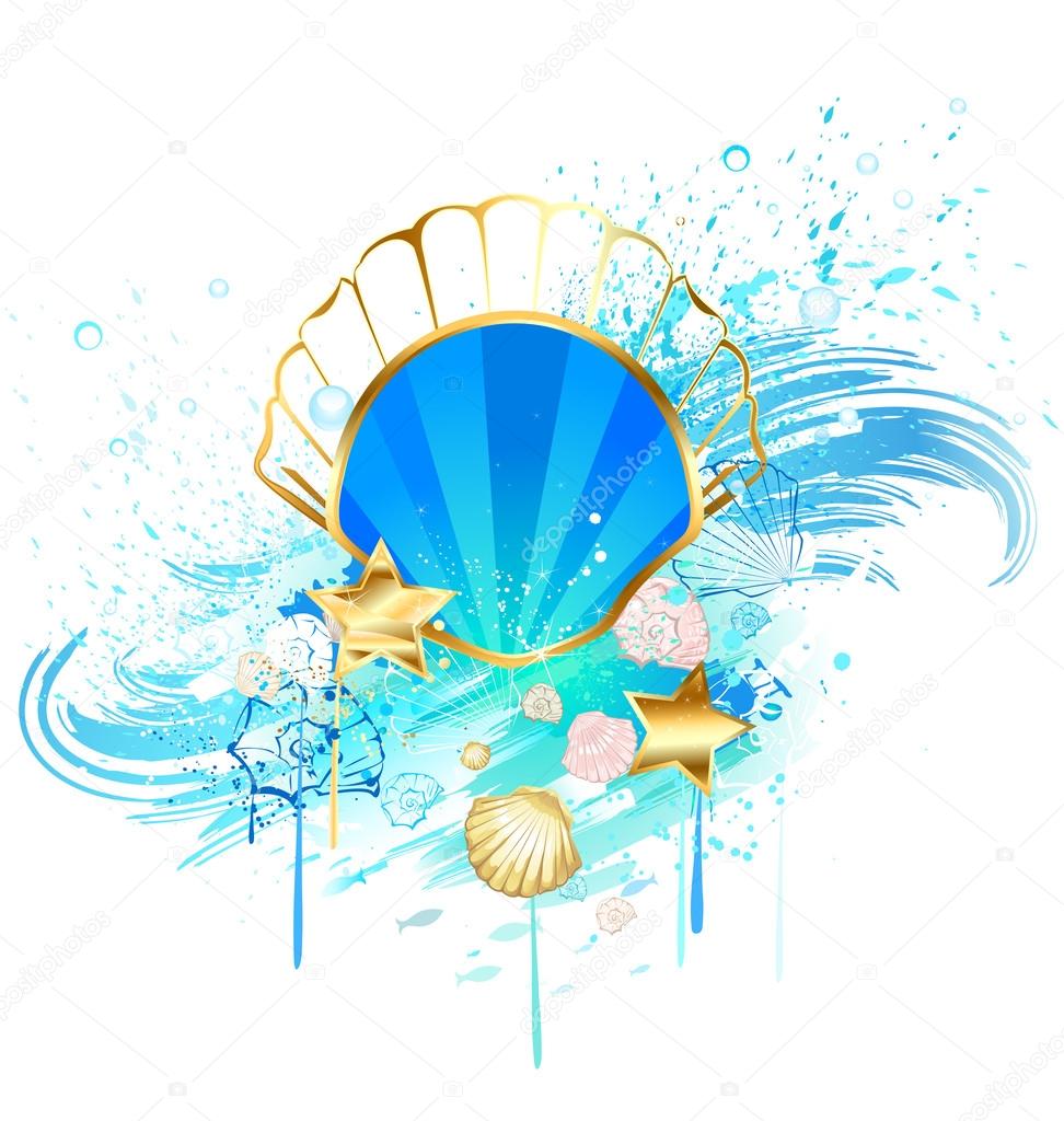 Precious, jewelry, blue seashell on the background of the sea wav