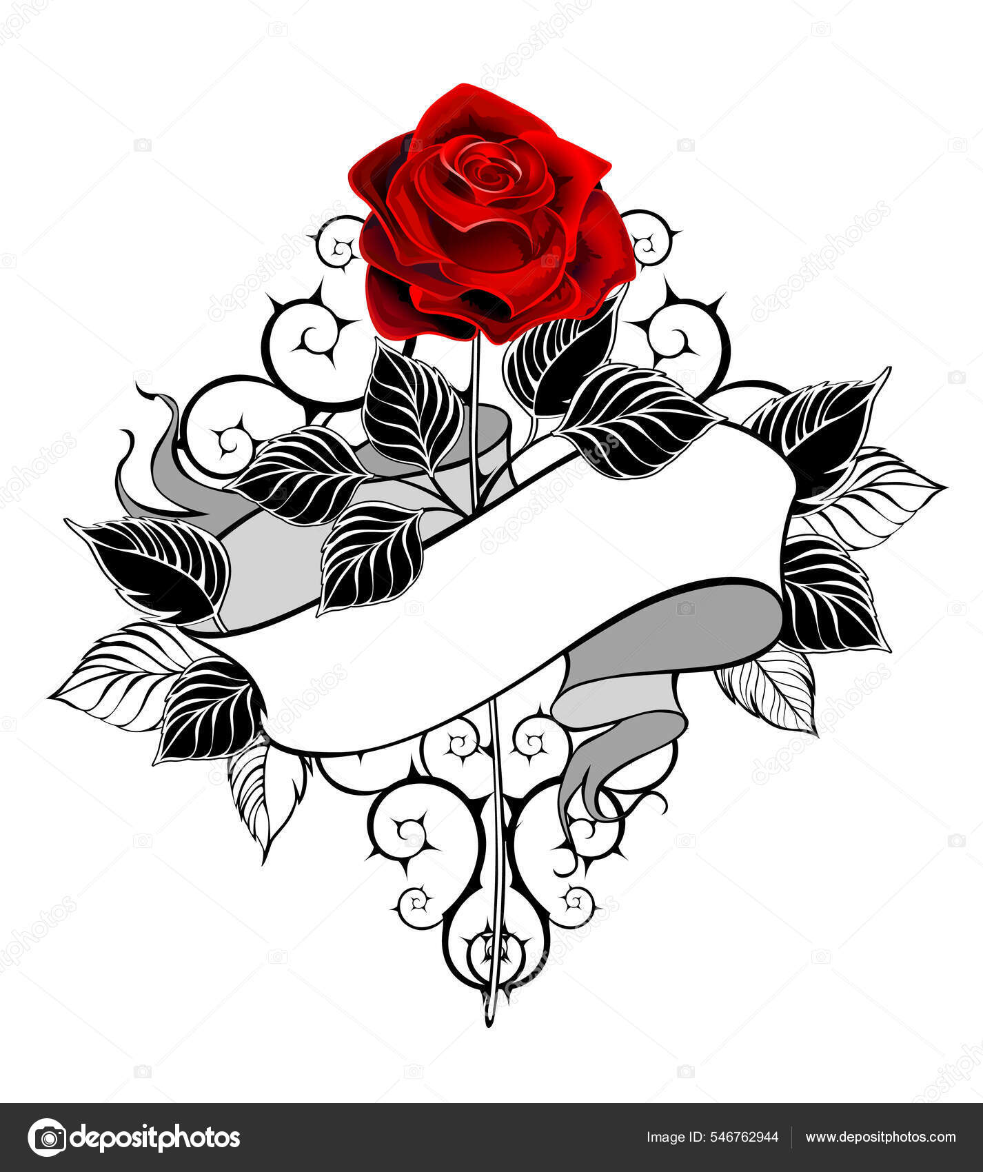 Lige Rose Med Rød Knop Stilk Sorte Blade Dekoreret Med Stockvektor af  ©blackmoon979 546762944, image size:1426x1700