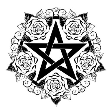 Çizgili siyah pentagram, sanatsal olarak çizilmiş yapraklı güller ve beyaz arka planda dikenli gövde. Wiccan sembolü.