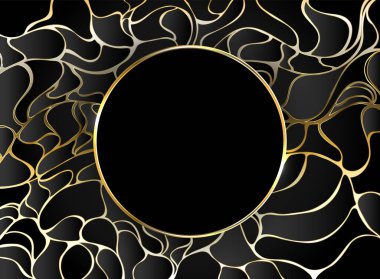 Altın sarısı, siyah üzerine yuvarlak afiş, mücevherli soyut arkaplan, altın desenli.