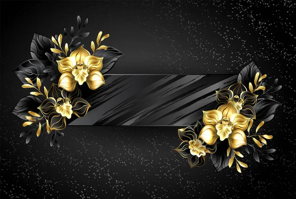 Černý Texturovaný Pravoúhlý Prapor Orchidejemi Zdobený Zlatými Listy Pozadí Grunge — Stockový vektor