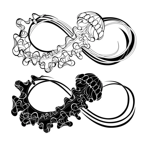 Två Konturoändlighetssymboler Med Svart Manet Dekorerad Med Långa Tentakler Vit — Stock vektor