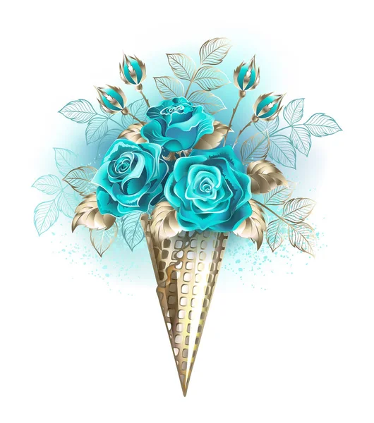 White Gold Waffle Cone Turquoise Roses Decorated Blue Leaves White — Stock Vector