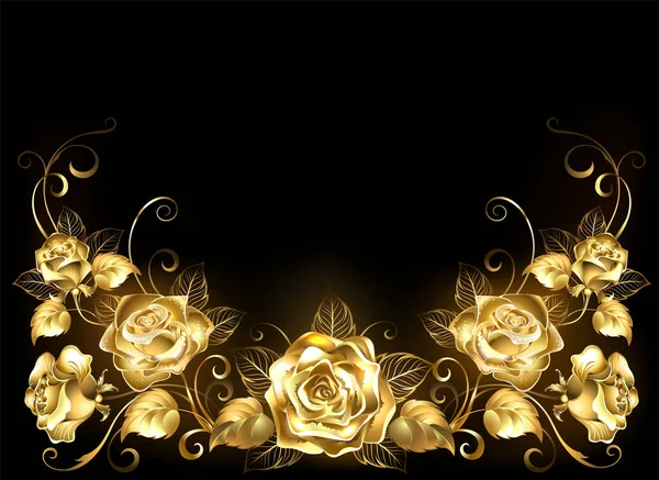 Gold Jeweler Shiny Intertwined Roses Black Background — Stock Vector