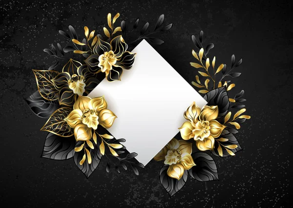 Banner Blanco Forma Rombo Decorado Con Negro Oro Orquídeas Joyería — Vector de stock