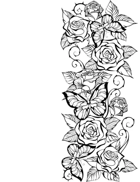 Confine Del Contorno Rose Farfalle Sfondo Bianco Libro Colorare Design — Vettoriale Stock