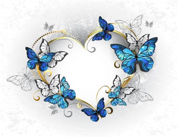 Juweliertes Goldenes Herz Mit Blauweißen Realistischen Schmetterlingen Morpho Design Mit — Stockvektor