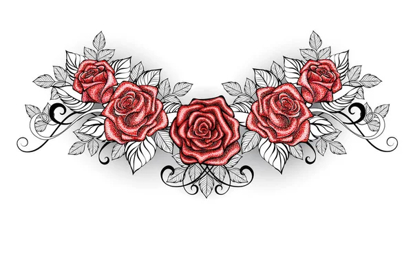 Tatuaje Rosas Rojas Dotwork Sobre Fondo Blanco — Vector de stock