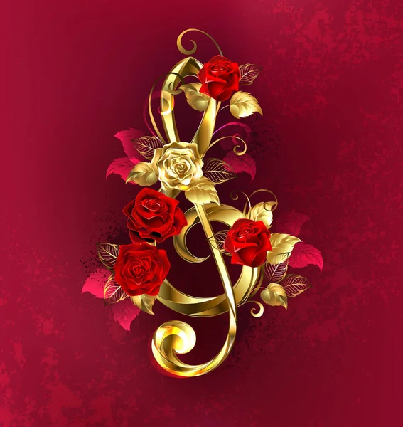 Goldener Notenschlüssel Dekoriert Mit Roten Rosen Und Goldenen Blättern Auf — Stockvektor