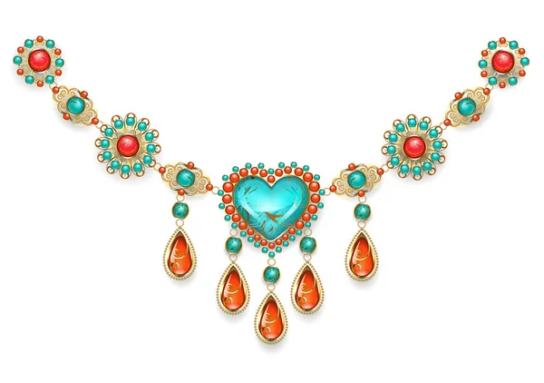 Collar Estilo Oriental Con Corazón Turquesa Adornado Con Turquesa Jaspe — Vector de stock